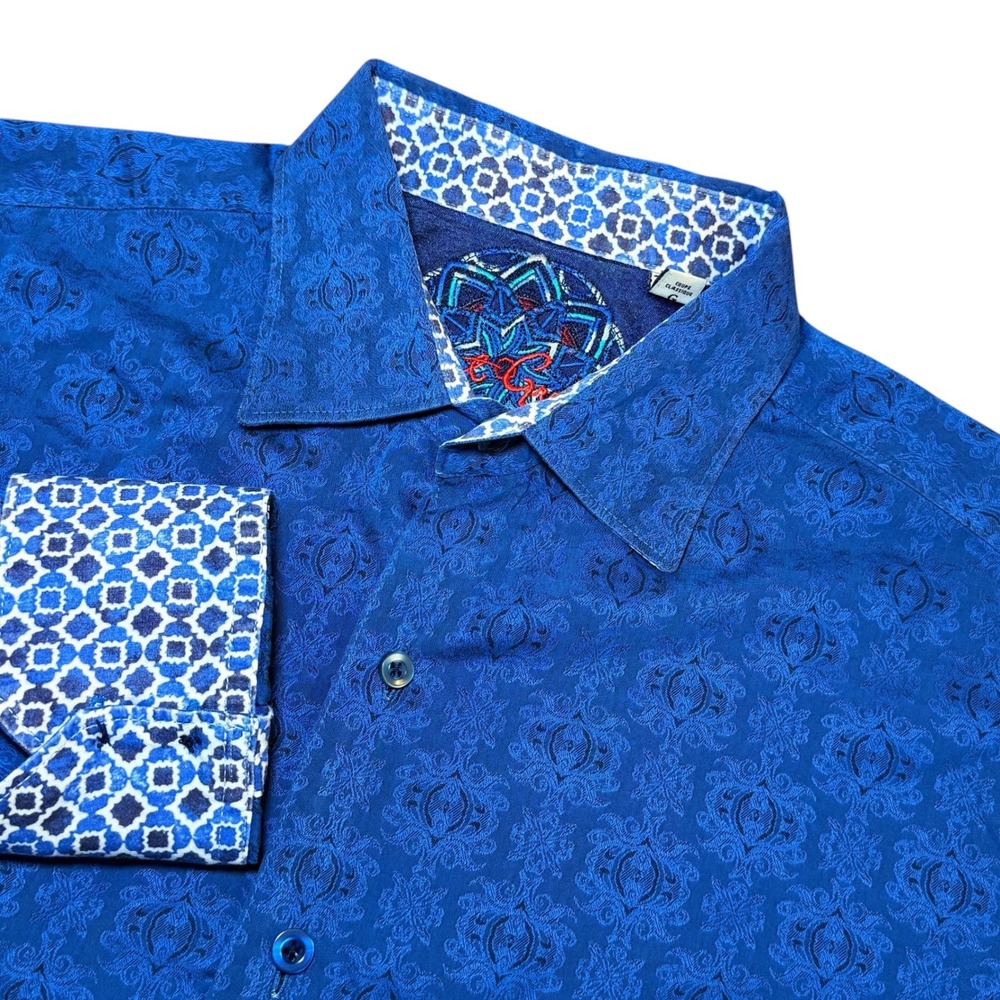 Robert Graham Mens Large Blue Jacquard Floral Button Down Shirt Classic Fit L/S